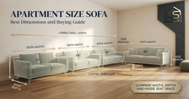 Apartment size sofa comparison at 60, 68, 74 and 82 inches wide in a compact living room