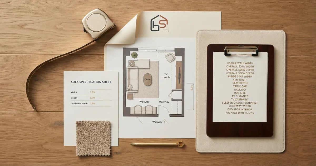 Apartment size sofa buying checklist with room delivery and seat measurements