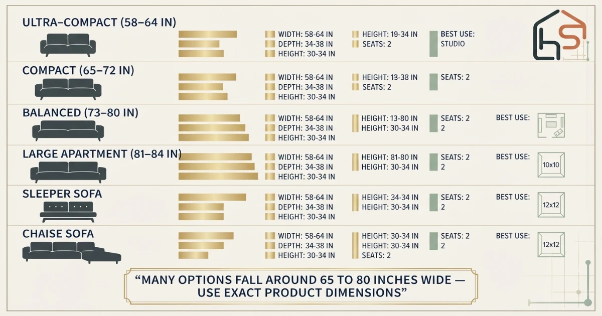 Apartment size sofa dimensions chart from 58 to 84 inches