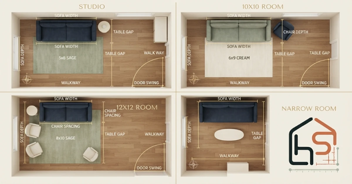 Apartment size sofa layouts for studio 10x10 12x12 and narrow rooms