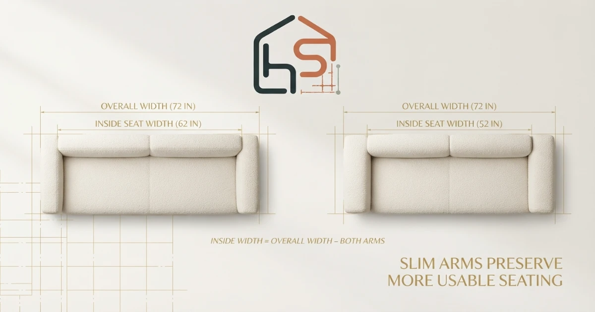 Apartment size sofa usable seat width with slim and wide arms