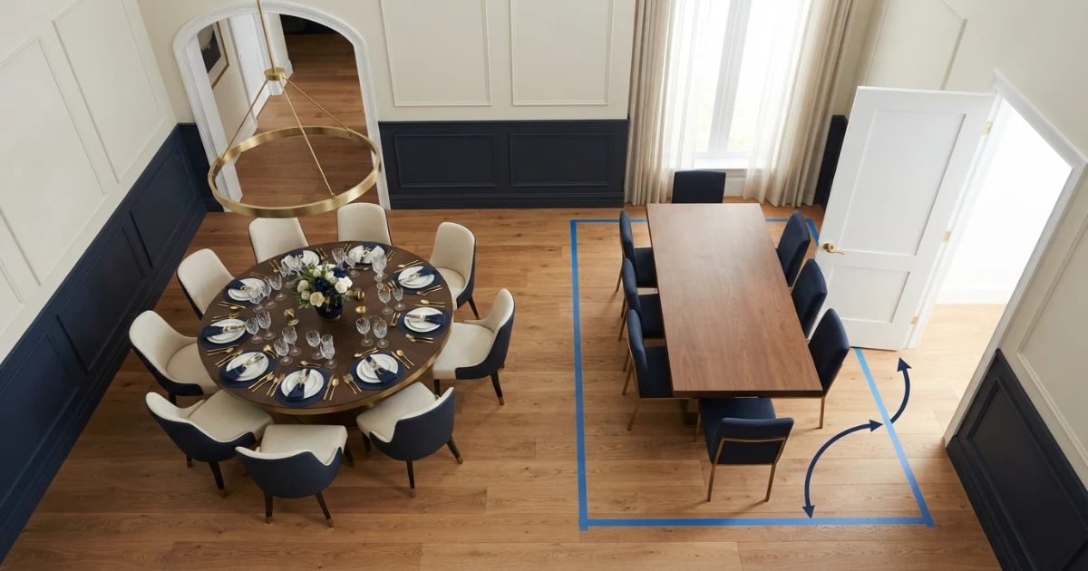 Compact-room dining table for 10 layout with door swing and clear path
