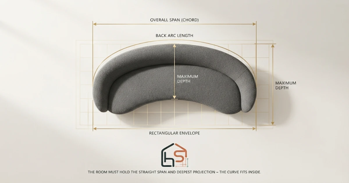 Curved sofa dimensions diagram comparing arc chord span and maximum depth