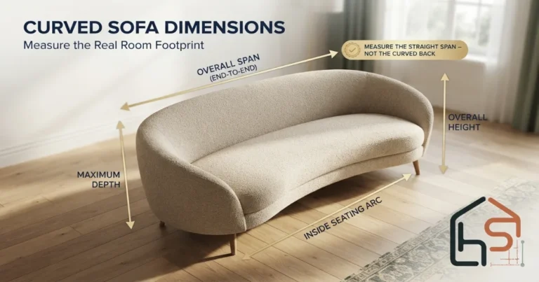 Curved sofa in a living room showing overall span, maximum depth, height and floor footprint