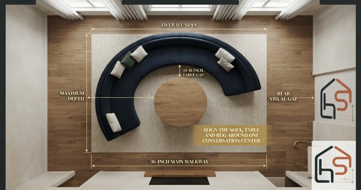 Curved sofa dimensions planned with round coffee table rug and clear walkways