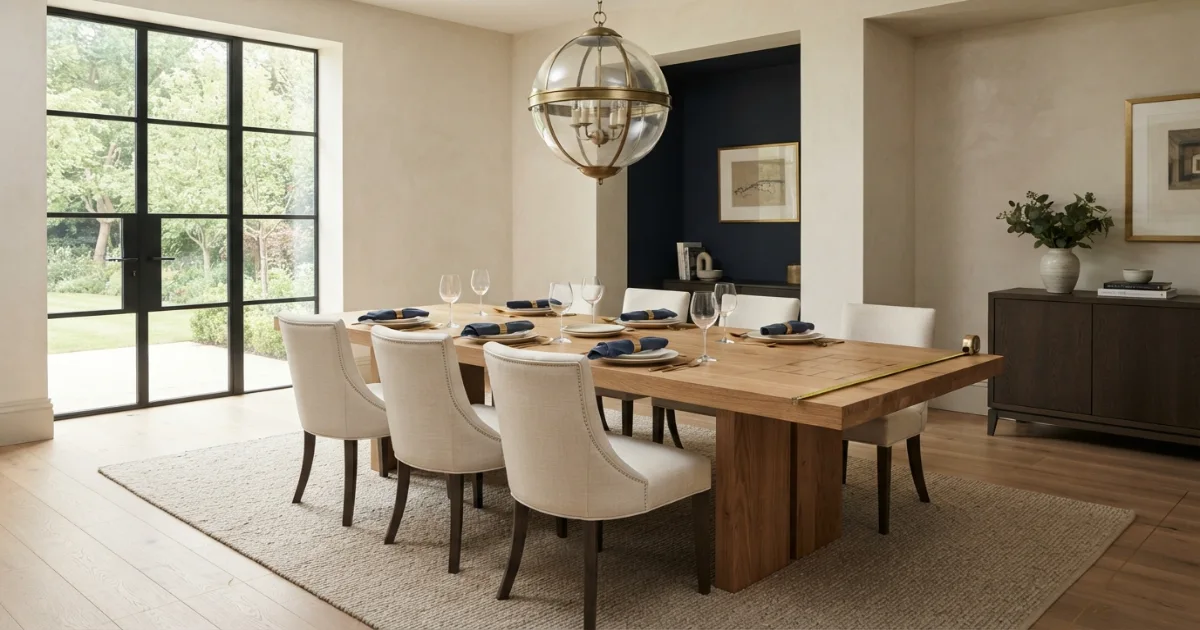 Dining table for 8 people with measured chair and room clearances