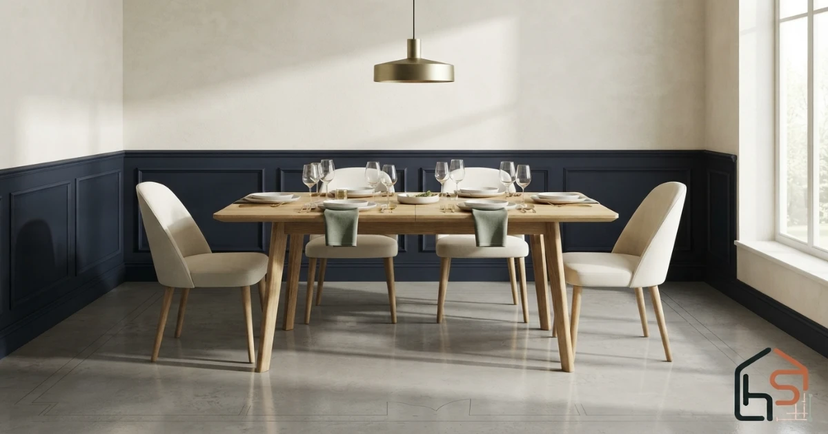 Dining table for 4 people with measured chair and room clearances