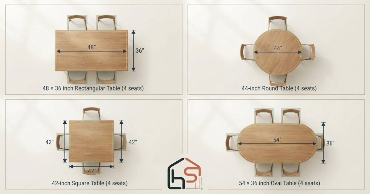 Dining table for 4 size chart comparing rectangular round square and oval shapes