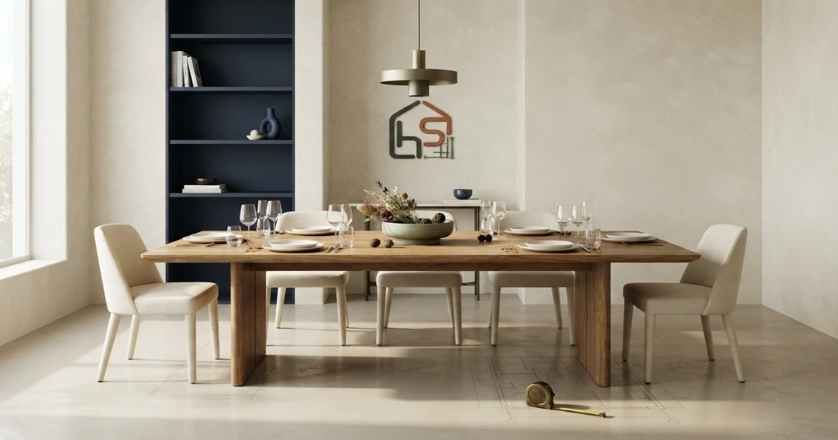 Dining table for 6 people with measured chair and room clearances