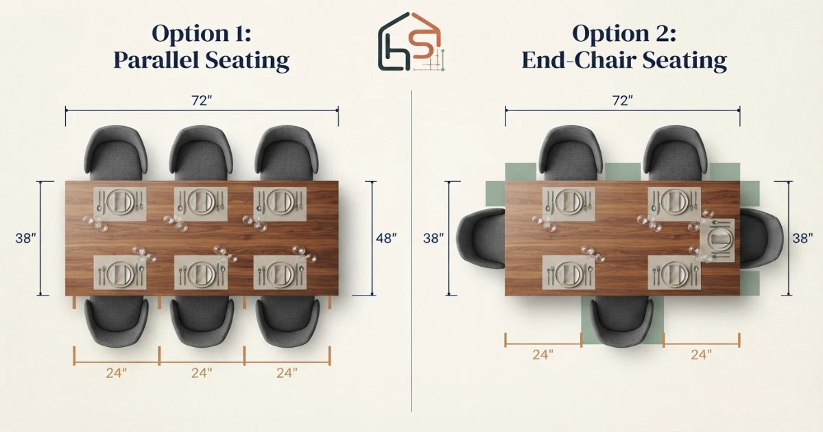 Dining table for 6 seating layouts with three per side and end-chair options