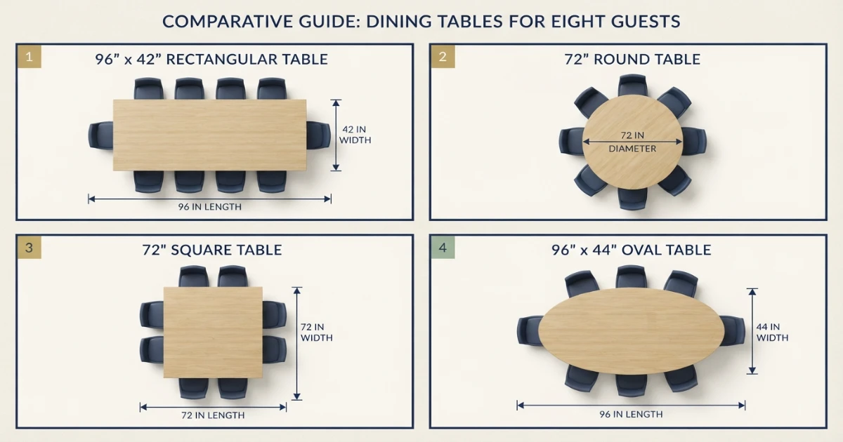 Dining table for 8 size chart comparing rectangular round square and oval shapes