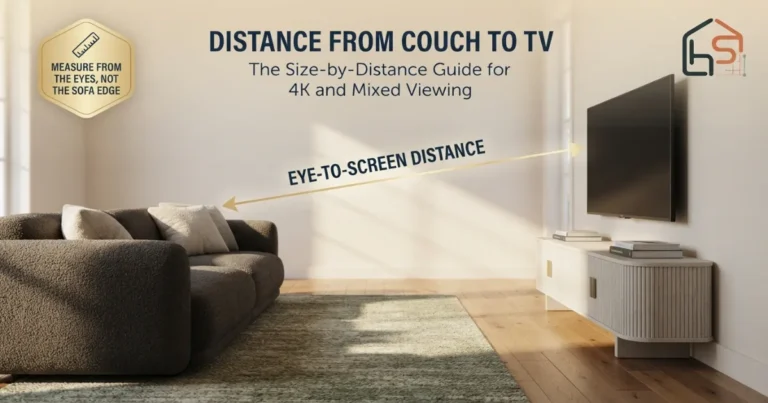 Living room showing the measured distance from a viewer's eyes on the sofa to a wall‑mounted 4K television