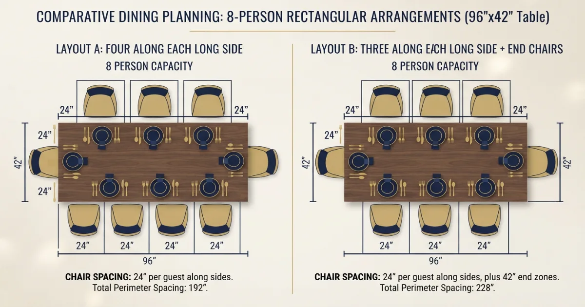 Dining table for 8 seating layouts with four per side and end-chair options
