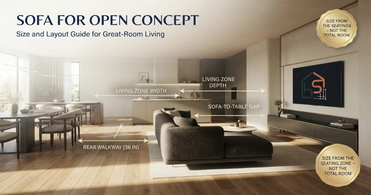 Open concept sofa size chart by usable living zone dimensions