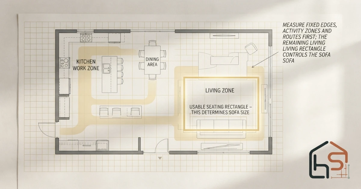 How to measure an open floor plan living zone before selecting a sofa