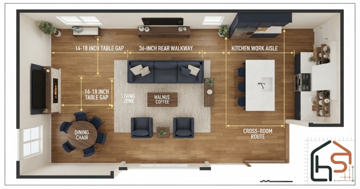 Open plan sofa layout zones showing living dining kitchen and clear circulation