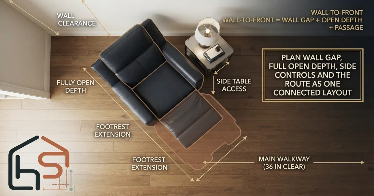 Recliner room layout showing wall clearance open footrest side table and walkway