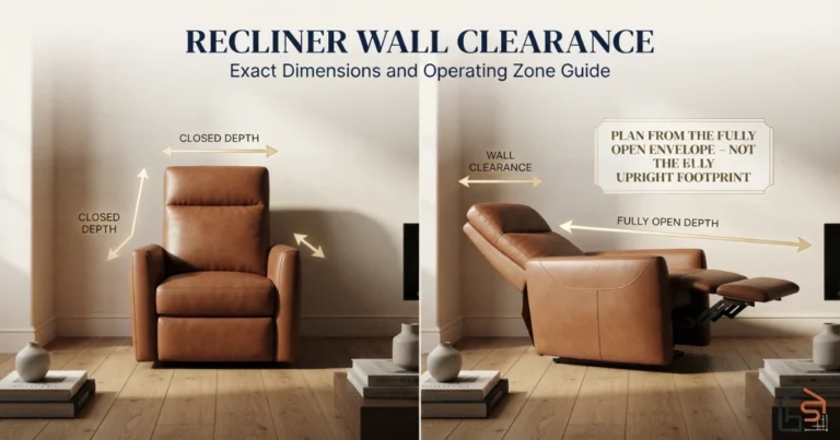 Recliner shown in both closed and fully open positions with wall gap and open depth measurements
