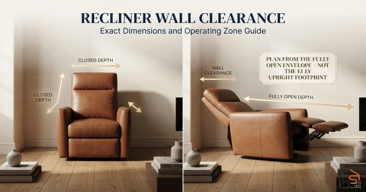 Recliner wall clearance and dimensions in closed and fully open positions