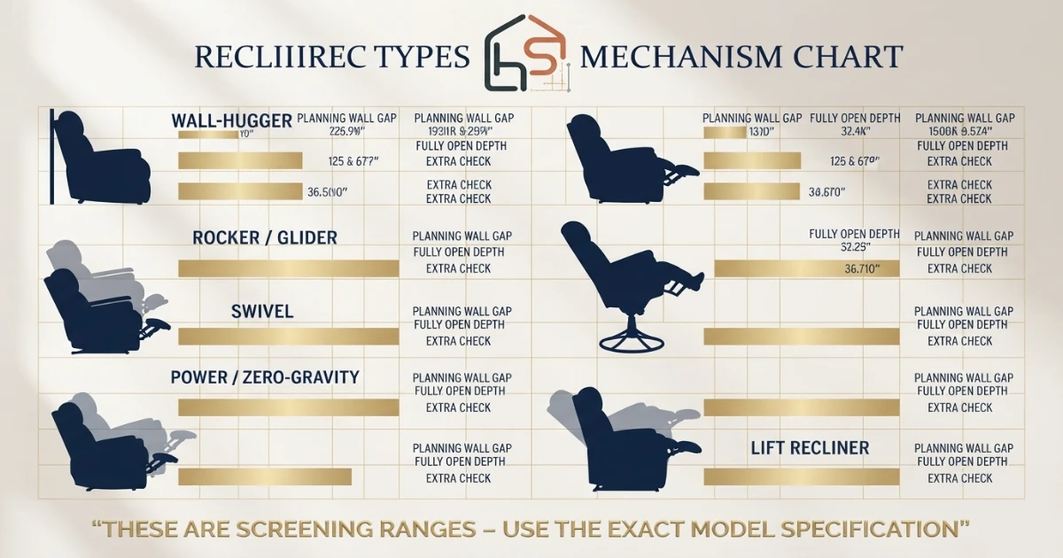 Recliner wall clearance chart for wall hugger traditional rocker swivel and lift recliners