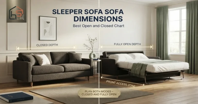 Sleeper sofa shown in closed seating mode and fully open bed mode with depth measurements