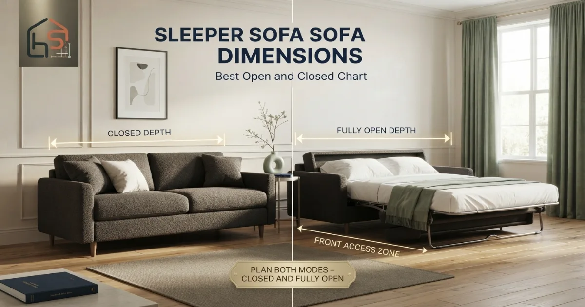 Sleeper sofa dimensions in closed and fully open bed modes