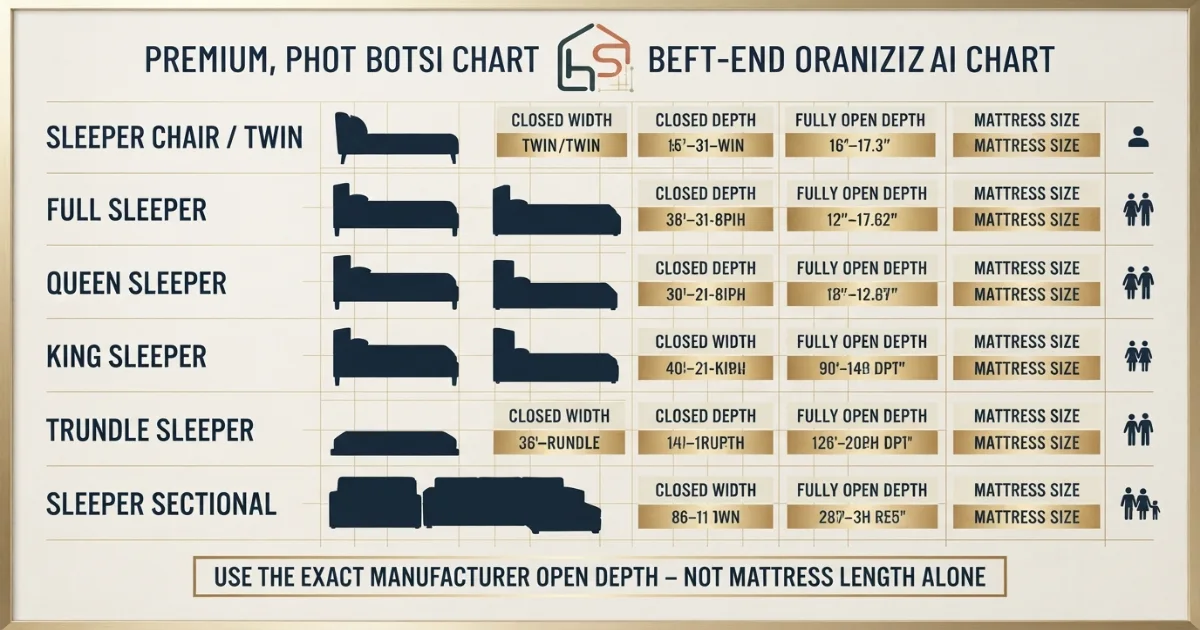 Sleeper sofa dimensions chart for twin full queen king trundle and sectional sleepers