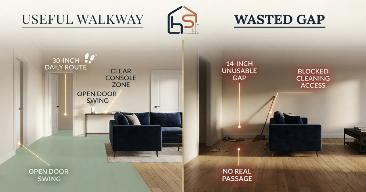 Small living room showing usable space behind couch versus wasted narrow gap