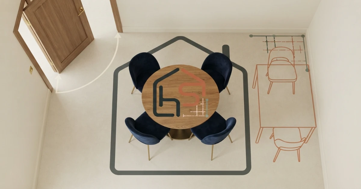 Small-room dining table for 4 layout with door swing and clear path
