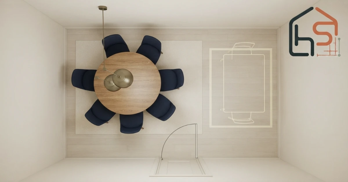 Small-room dining table for 6 layout with door swing and clear path