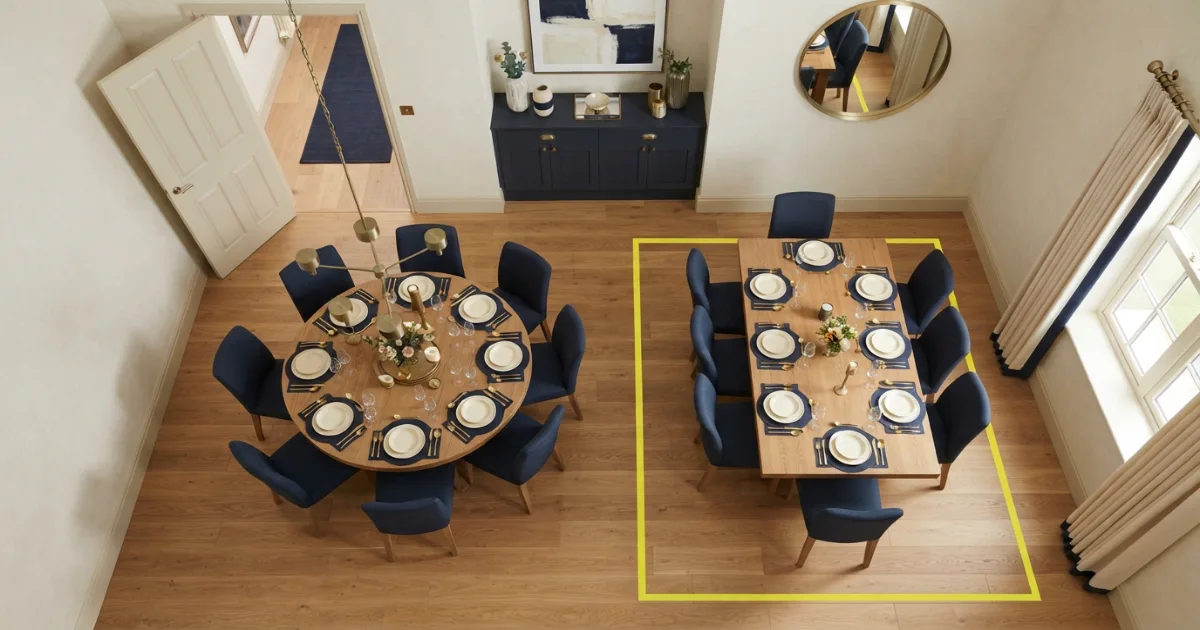 Compact-room dining table for 8 layout with door swing and clear path