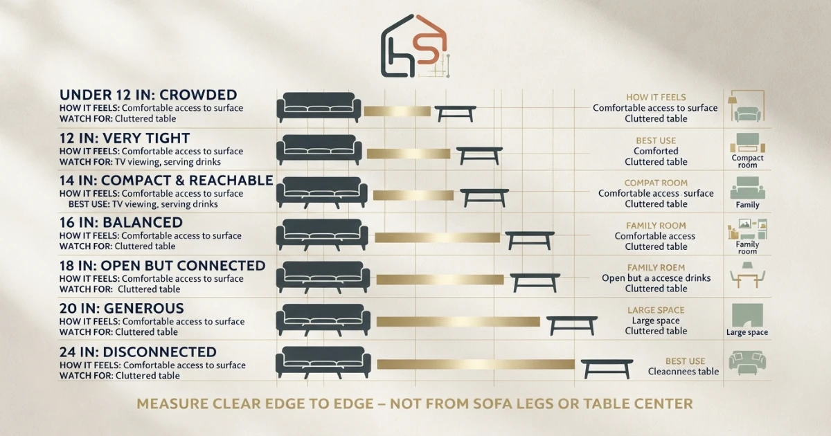 Sofa and coffee table spacing chart comparing 12 14 16 18 and 24 inches