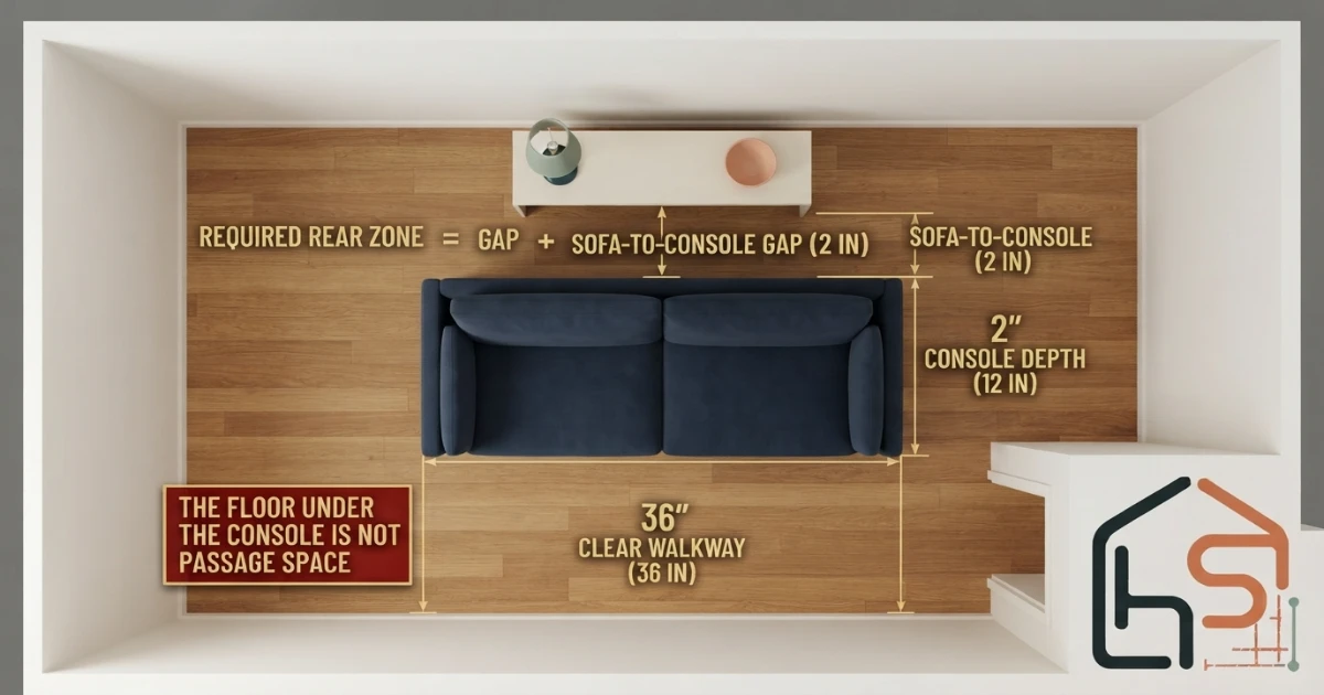Console table and clear space behind sofa measured separately