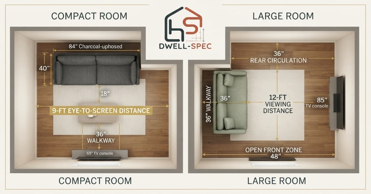 Sofa and TV distance layouts for small average and large living rooms
