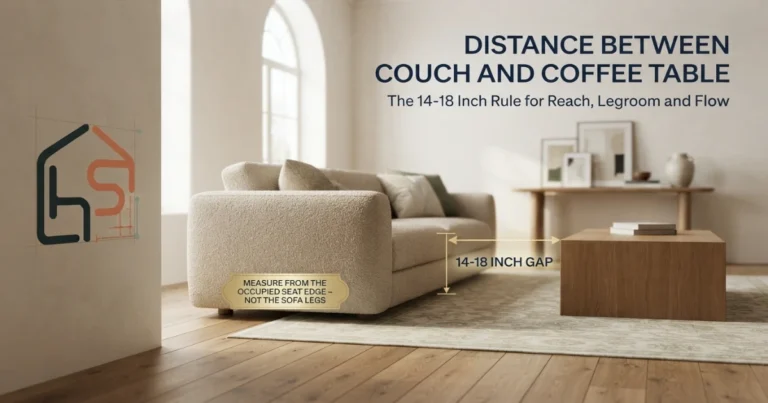Living room showing the measured 14 to 18 inch gap between a couch and a coffee table