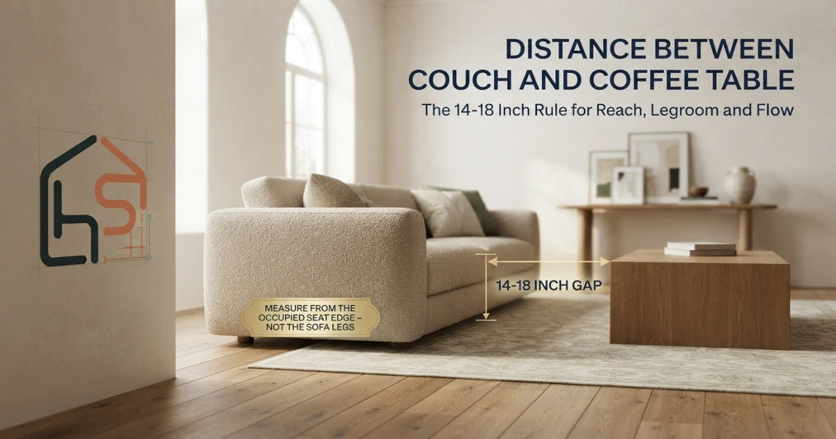 Distance between couch and coffee table shown as 14 to 18 inches