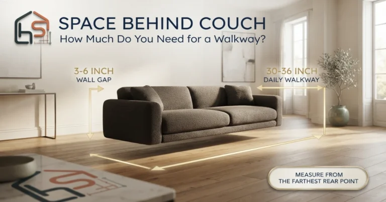 Living room showing a sofa with measured wall clearance and a walkway zone behind it
