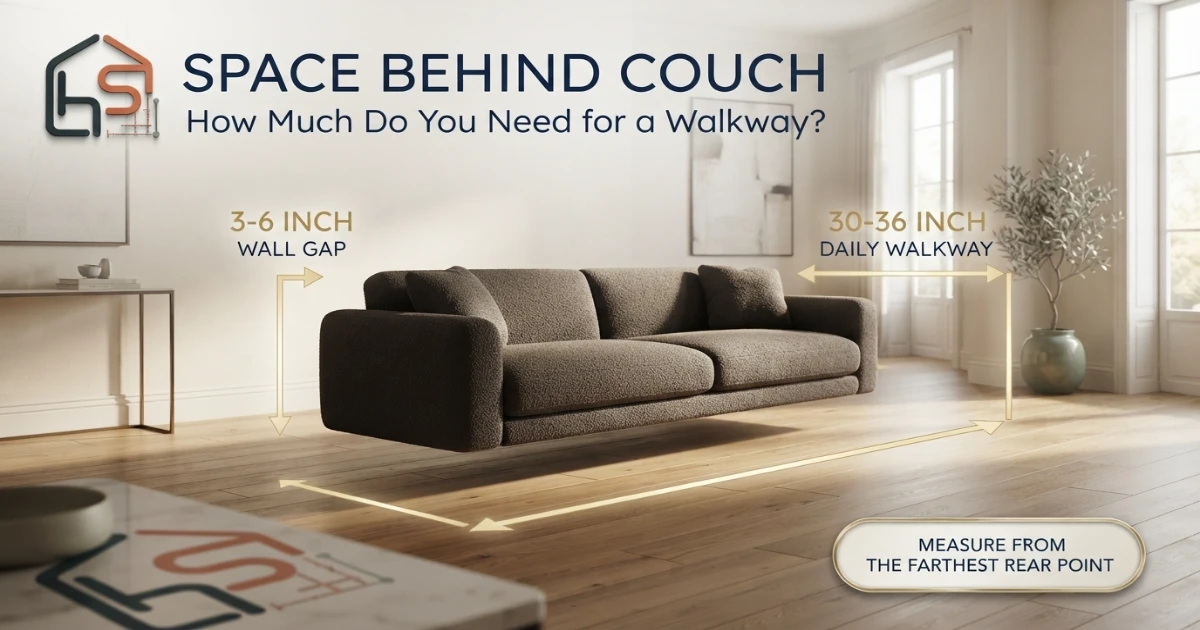 Space behind couch shown for wall clearance and a walkway