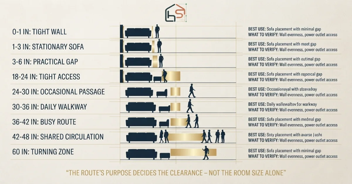 Space behind couch walkway chart from wall gap to 36 inch passage