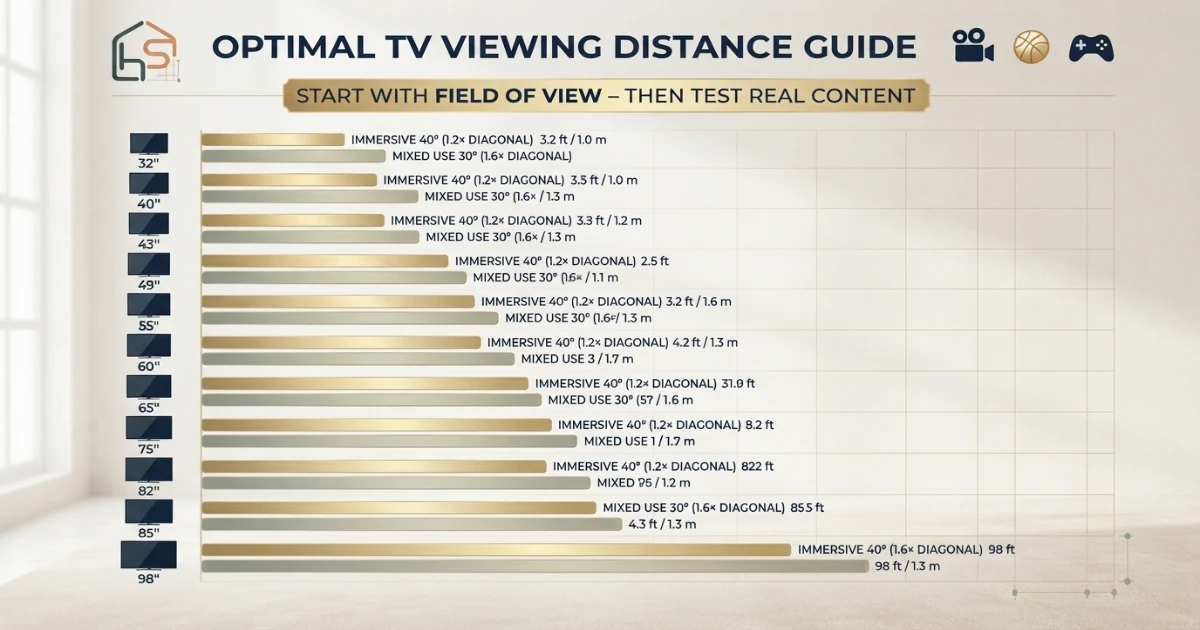 Distance from couch to TV chart for 43 55 65 75 and 85 inch screens
