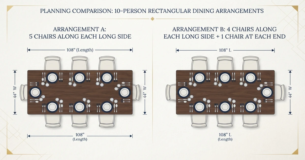 Dining table for 10 seating layouts with five per side and end-chair options