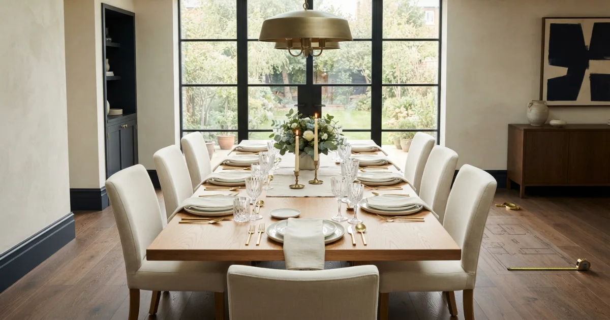 Dining table for 10 people with measured chair and room clearances