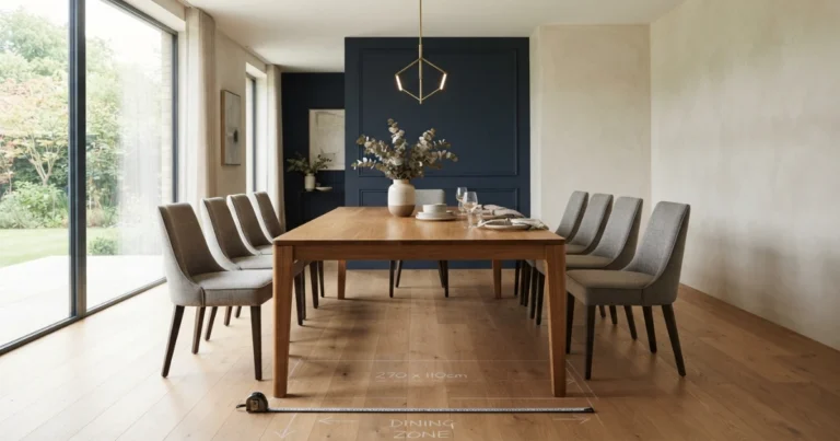 Elegant rectangular dining table with ten chairs in a measured dining room