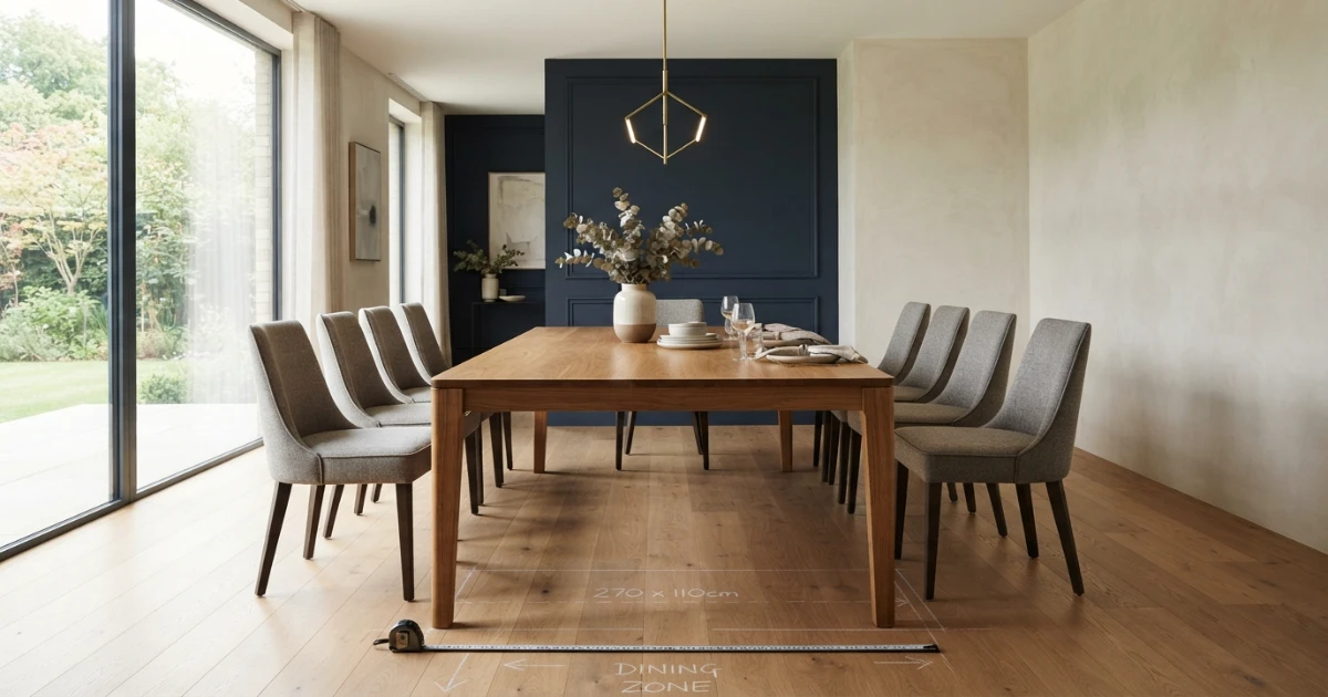 Dining table size guide showing a measured ten-seat table in a dining room