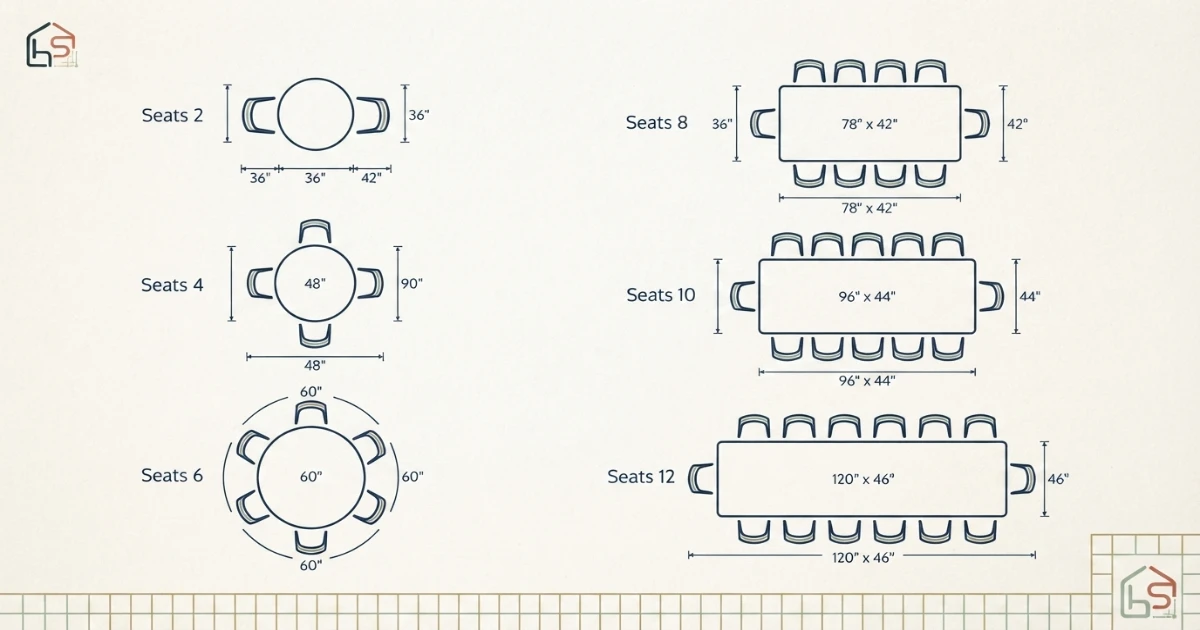 Dining table size guide chart for seats 2 to 12