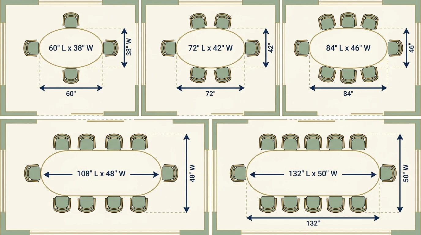 Oval dining table size guide chart for four to twelve people