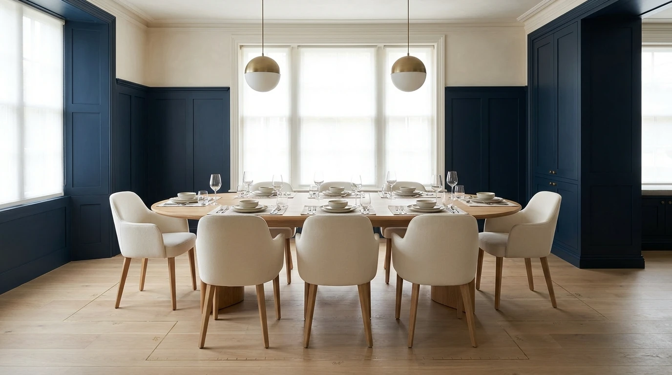 Oval dining table size guide showing an eight-seat table with measured clearance