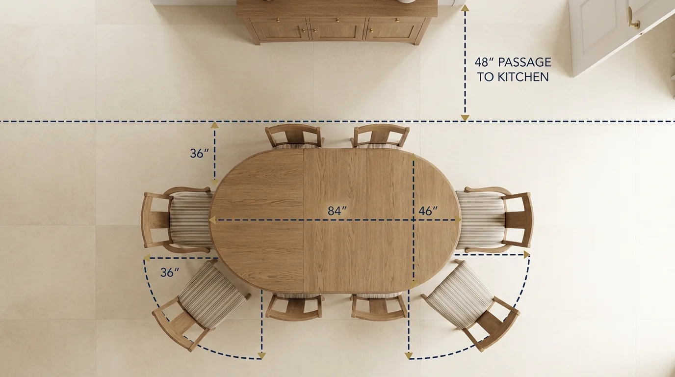 Oval dining table room clearance diagram with eight chairs and walking route