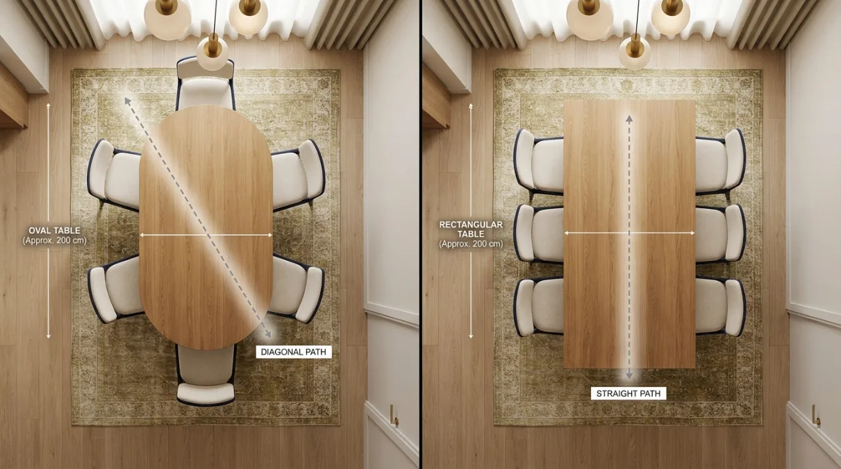Oval dining table compared with rectangle in a small-room walking layout