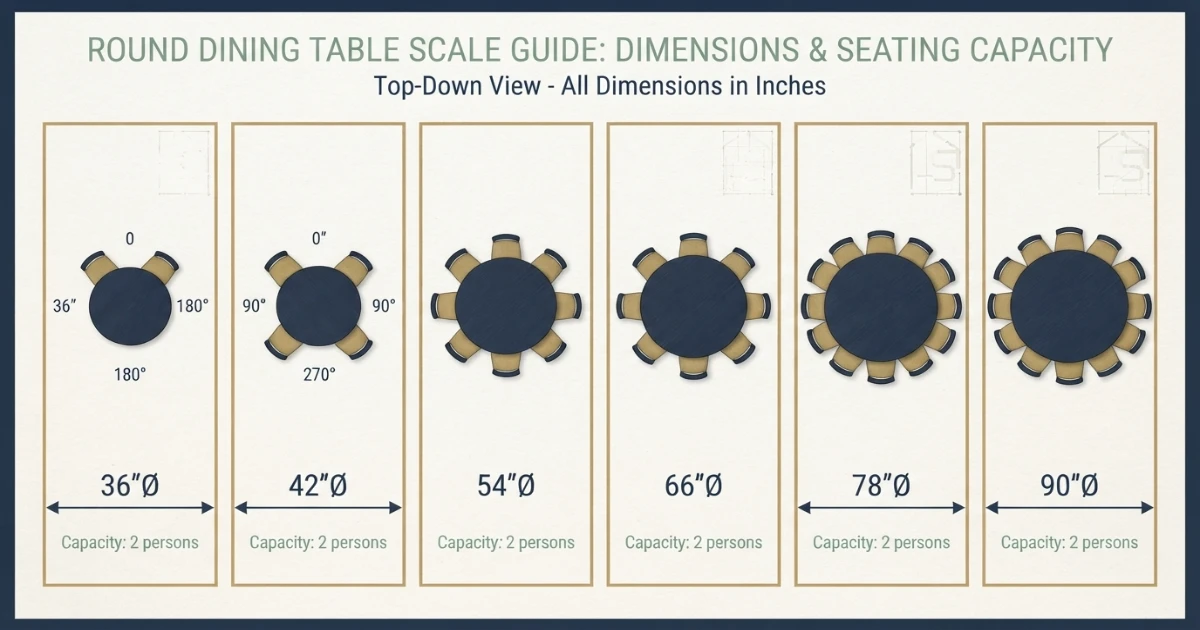 Round dining table sizes seating chart from two to twelve people